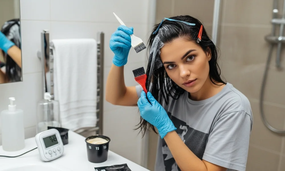 Woman applying hair dye at home with brush and gloves