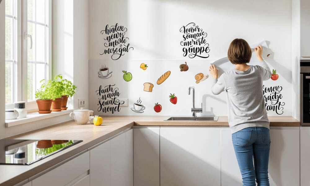 Woman applying kitchen wall stickers with food icons