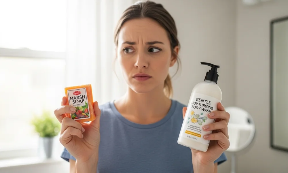 Woman choosing soap vs wash