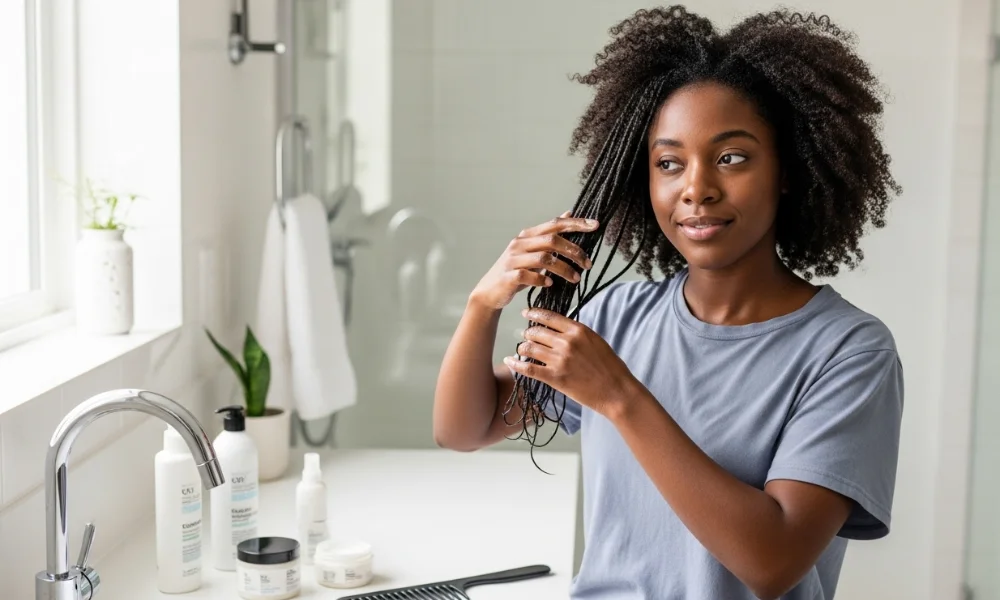 Woman detangling natural hair in bathroom
