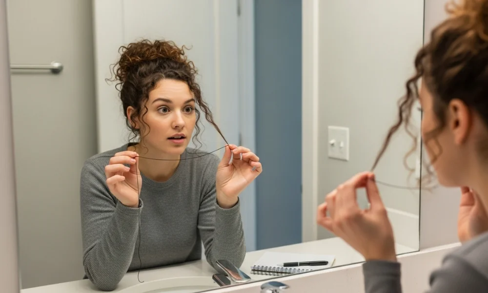 Woman examining curly hair strands in bathroom mirror