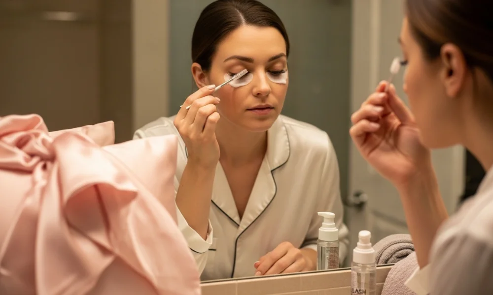 Woman gently cleaning her eyelash extensions with a special lash brush at home