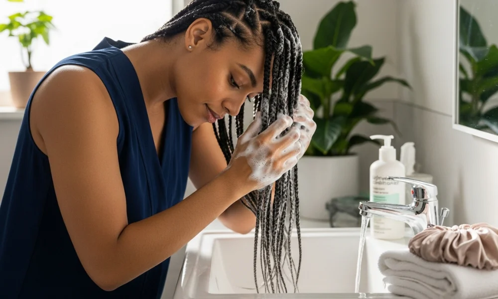 Woman gently washing and conditioning her human braiding hair at home