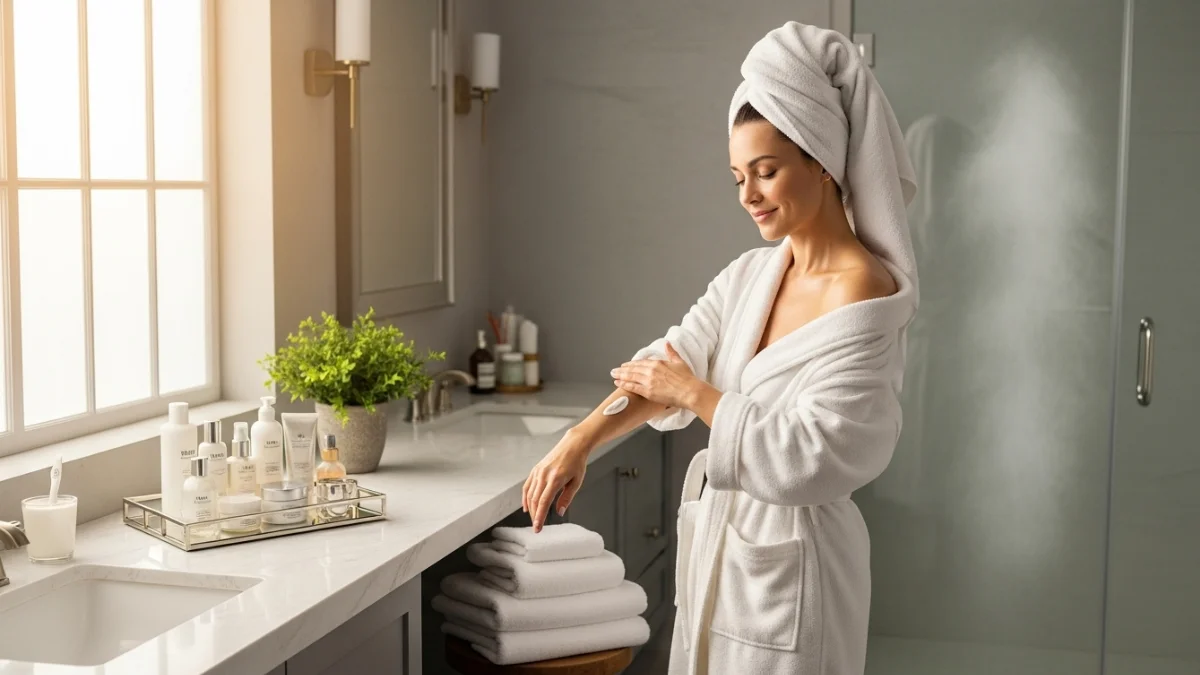 Woman in robe enjoying body care routine