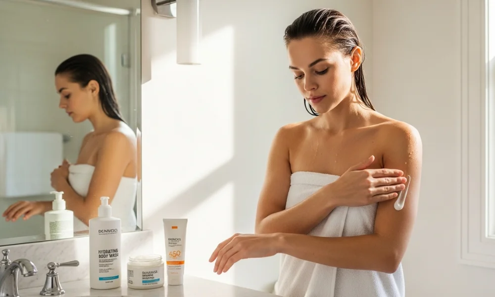 Woman in towel applying lotion