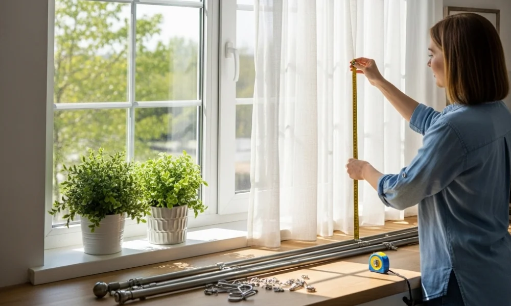 Woman measuring kitchen window curtains for installation