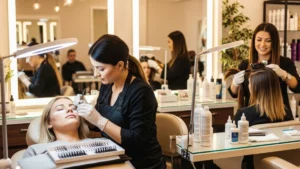 Woman receiving eyelash and hair extensions at a U.S. beauty salon