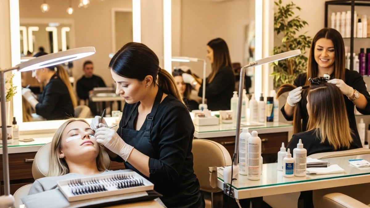 Woman receiving eyelash and hair extensions at a U.S. beauty salon