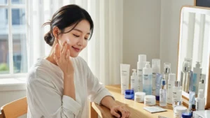 Woman smiling while following Korean face care routine.