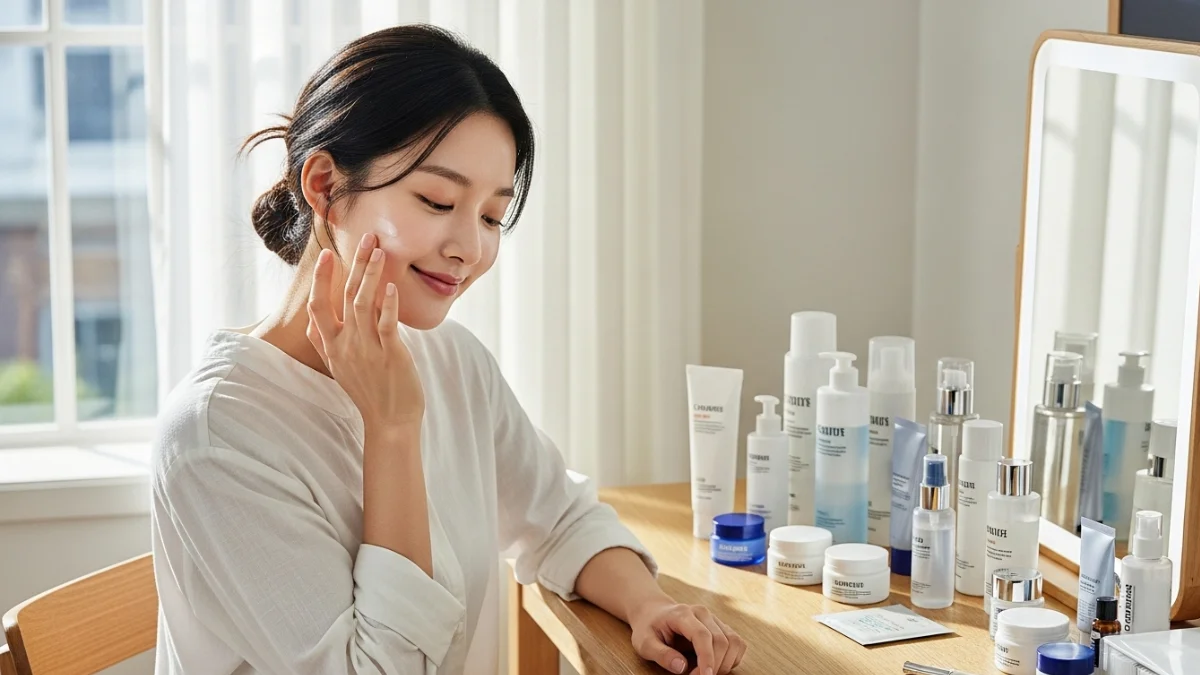 Woman smiling while following Korean face care routine.