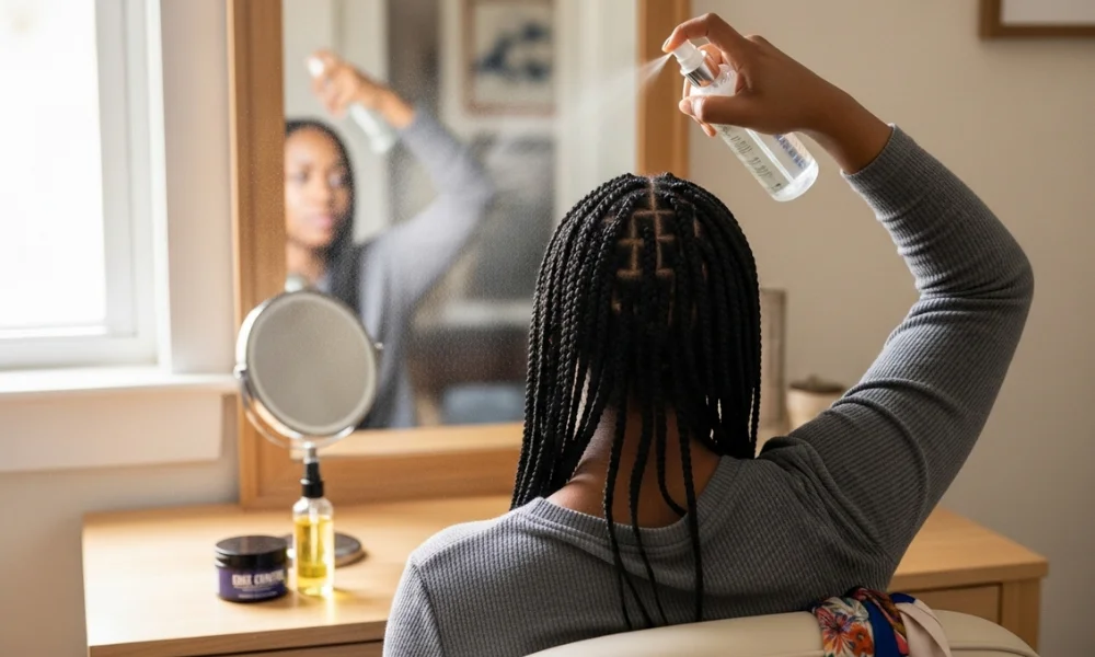 Woman spraying scalp to maintain and refresh braided hairstyle at home