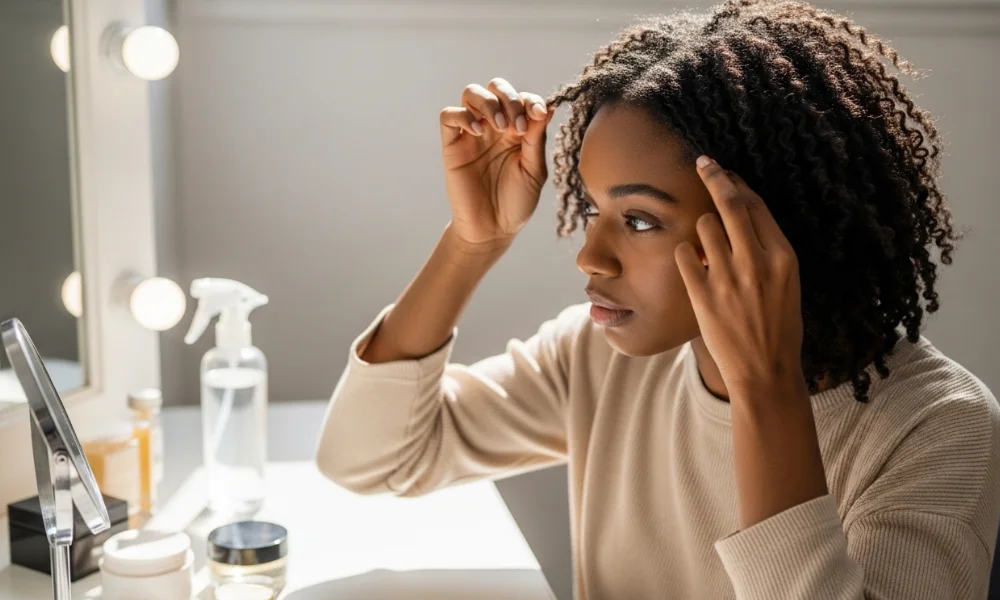 Woman styling natural curls in front of mirror