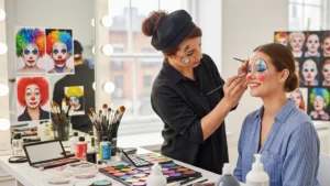 Woman trying colorful clown makeup