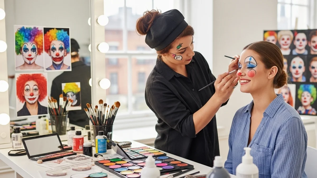 Woman trying colorful clown makeup
