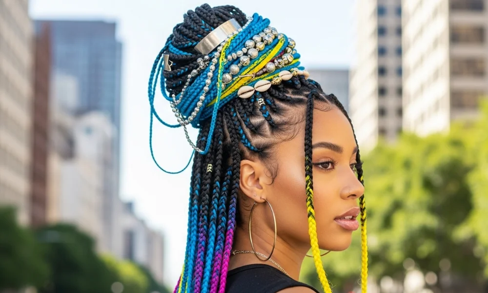 Woman wearing colorful Freetress braiding hair styled into high bun with beads