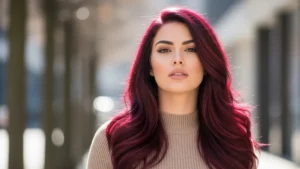 Woman wearing long burgundy “BURG” hair extensions styled in soft waves