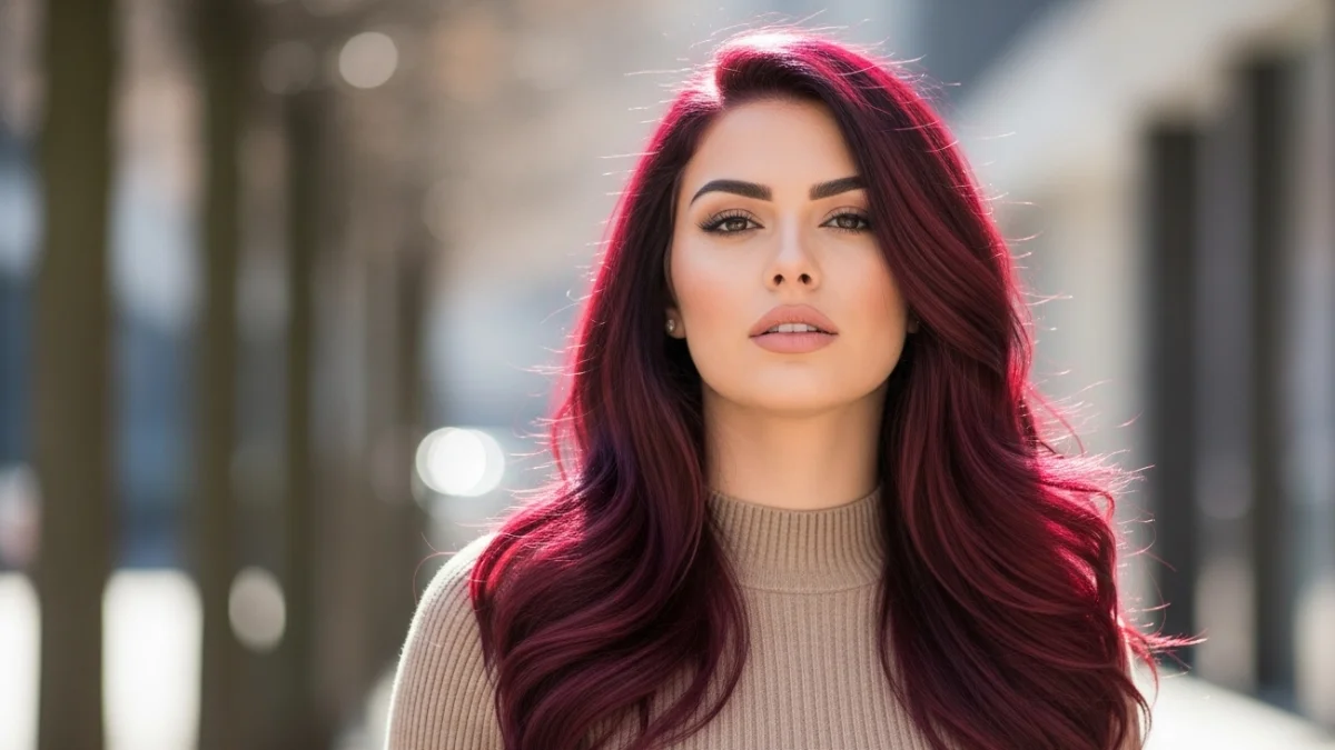 Woman wearing long burgundy “BURG” hair extensions styled in soft waves