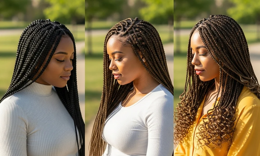 Women showcasing box, knotless, and boho braids made with premium human hair