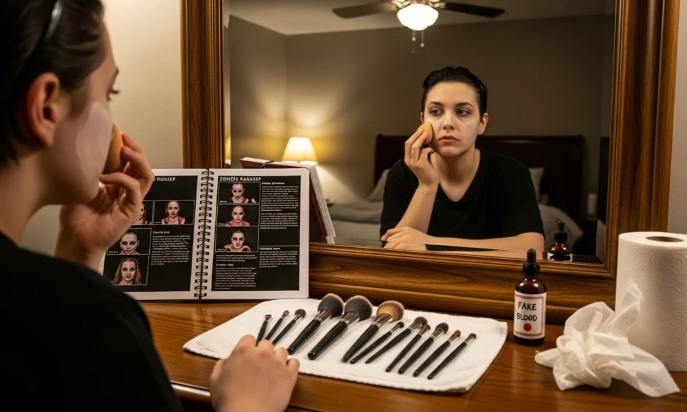 applying zombie makeup using guidebook