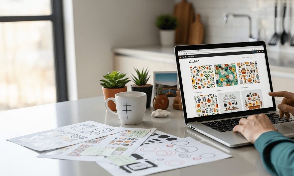 person browsing kitchen sticker designs on laptop