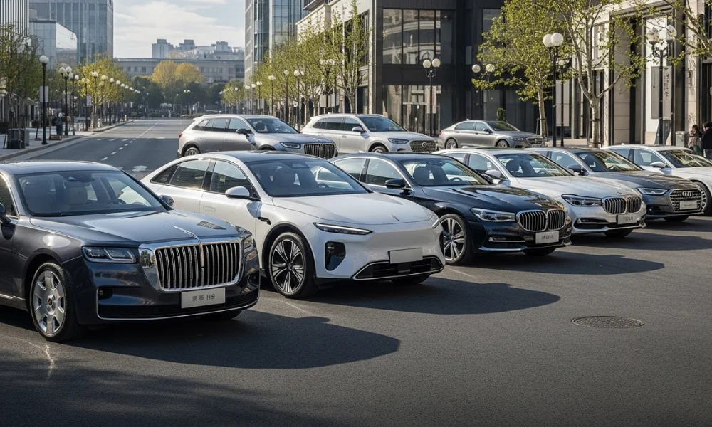 luxury car lineup on city street