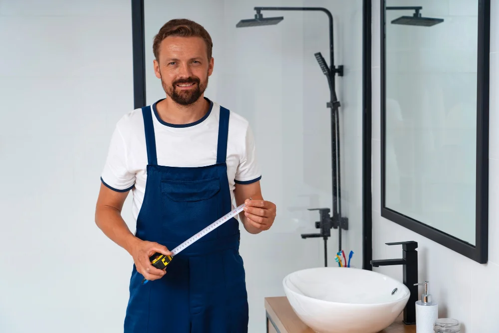 men measuring the width of a shower rod with tape measure