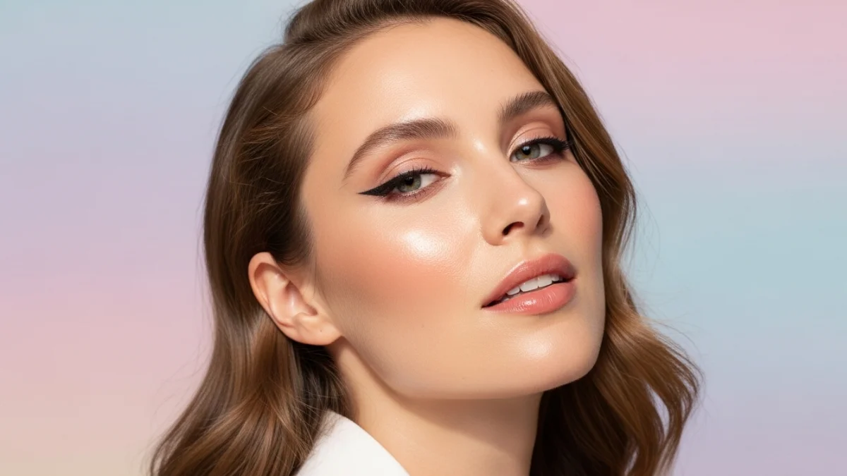 Cat eye makeup with glossy skin look
