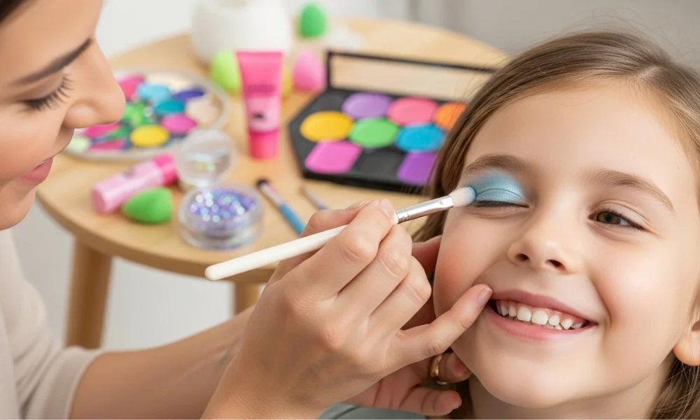 Child getting blue eye shadow applied