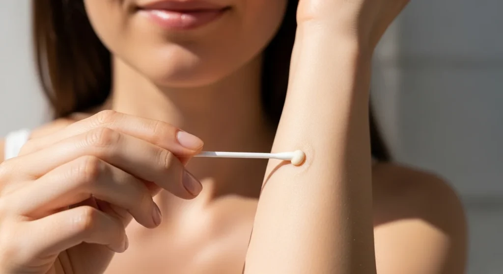Close-up of applying cream on arm with cotton swab