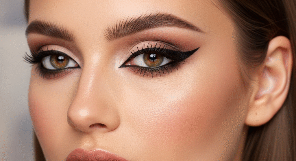 Close-up of bold eyeliner and natural makeup look