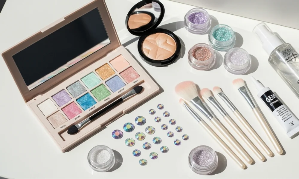 Colorful makeup palette and brushes