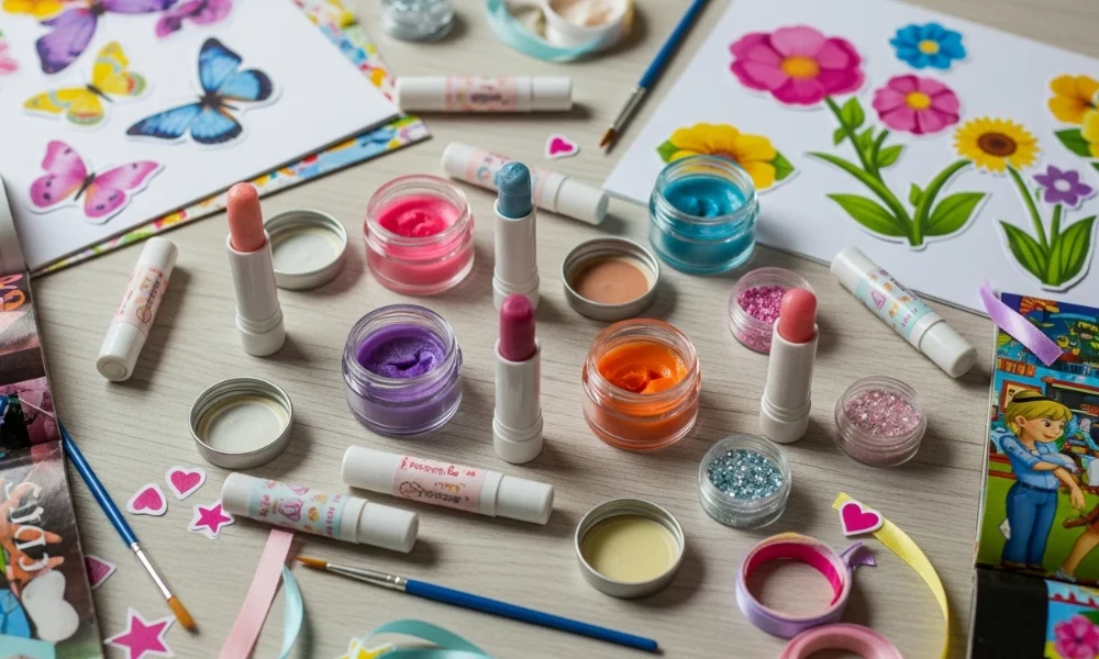 Colorful makeup products on table