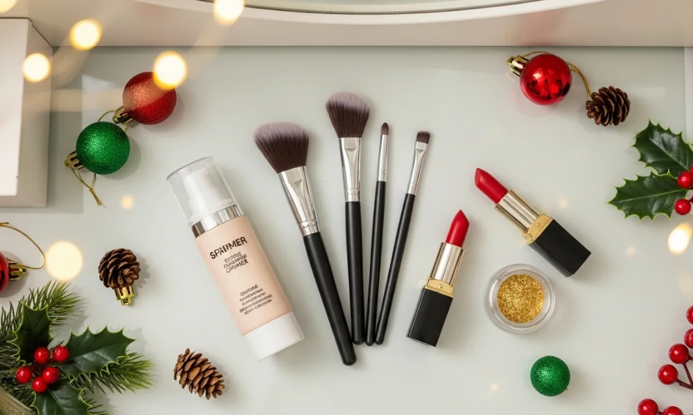 Flat lay of holiday makeup products