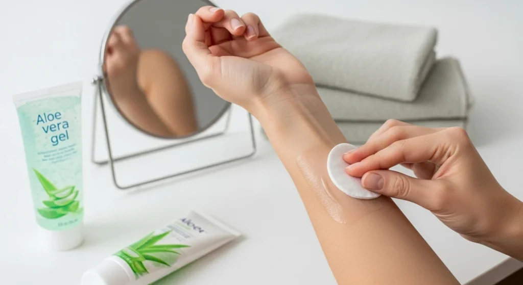 Hand applying aloe vera gel on arm with cotton pad