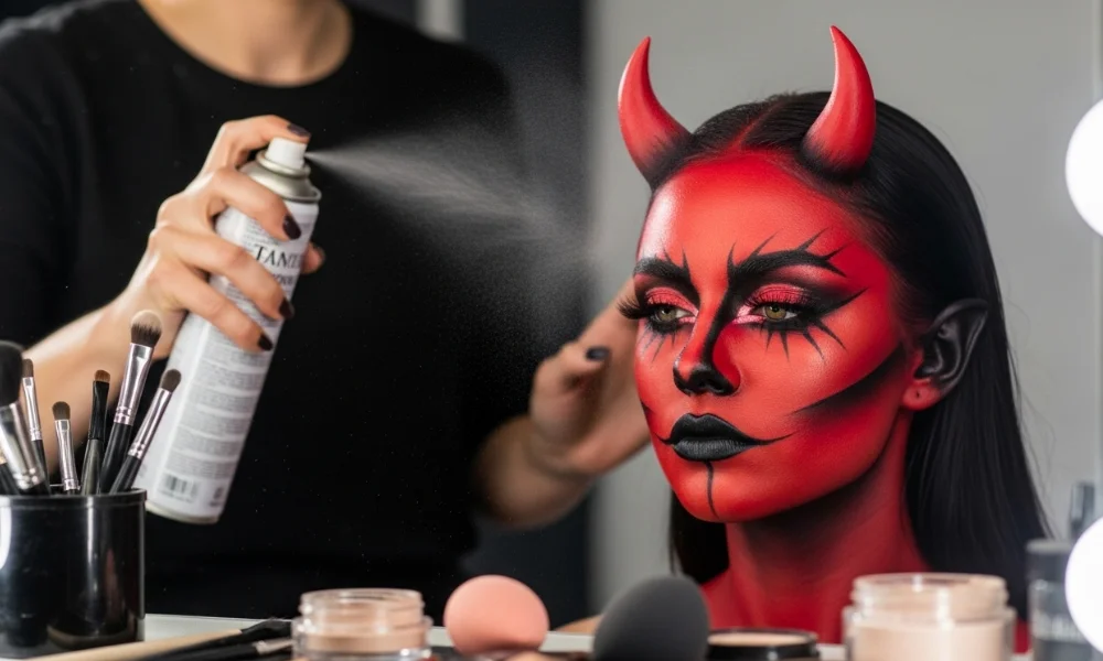 Makeup artist spraying model’s face