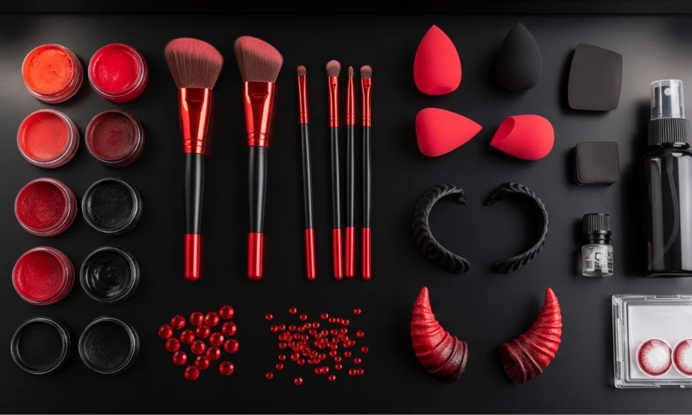 Makeup brushes and tools on table