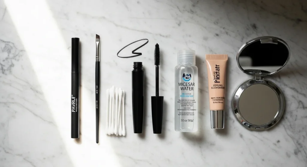 Makeup essentials arranged on marble surface