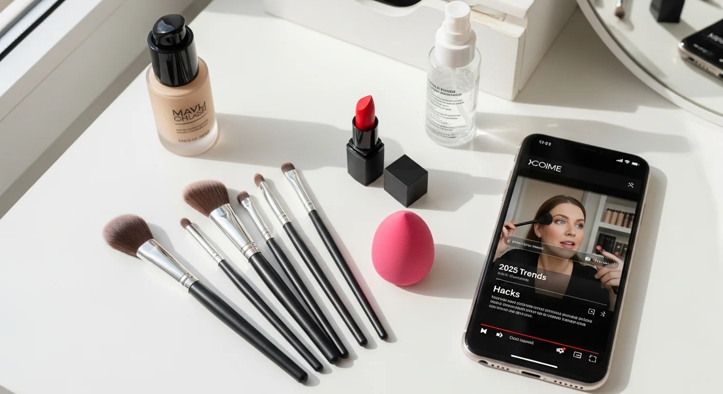 Makeup hacks with brushes, lipstick and tutorial video on phone