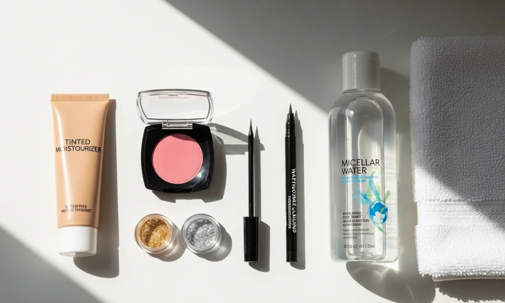 Makeup products and skincare on white surface 