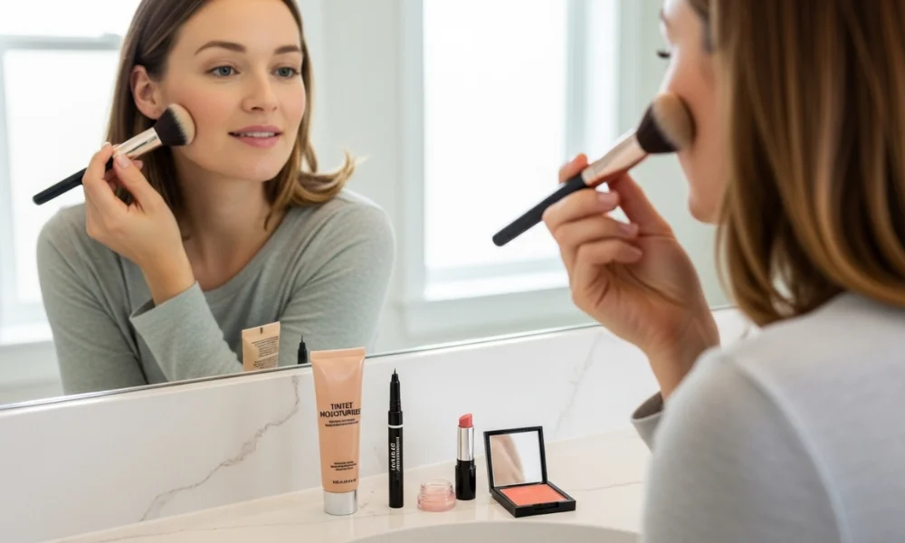 Makeup products and skincare on white surface