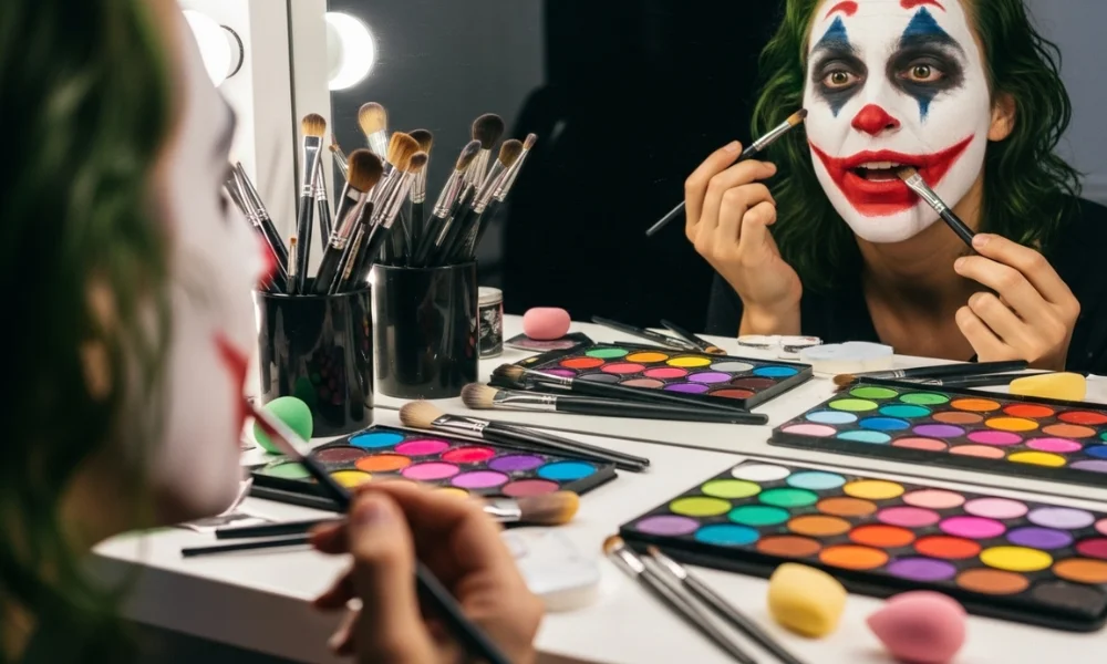 Person applying clown makeup in mirror