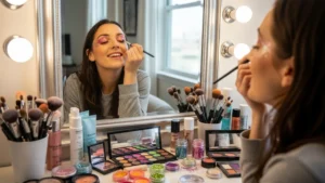 Pre shower makeup ideas with glitter eye look