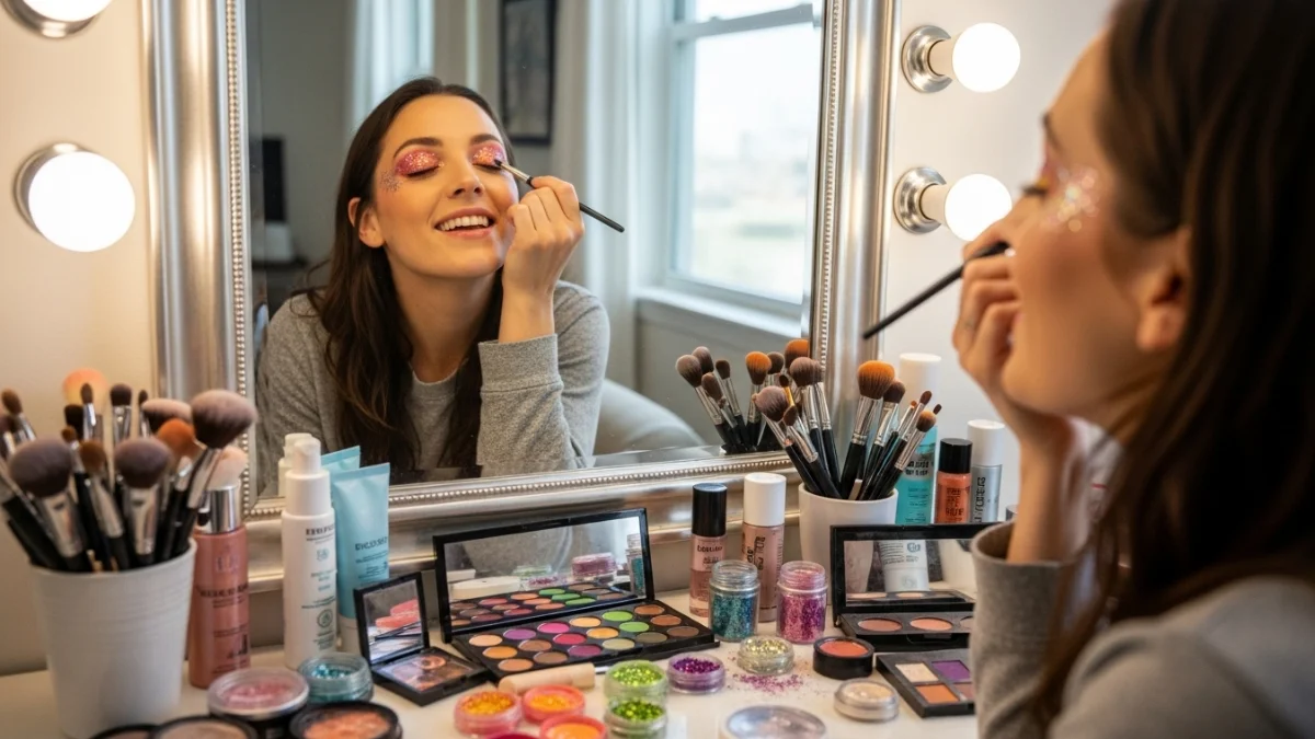 Pre shower makeup ideas with glitter eye look