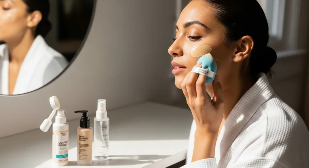 Woman applying foundation with sponge in front of mirror