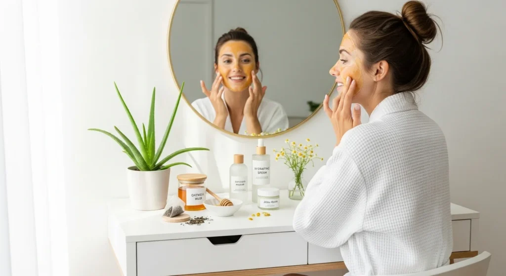 Woman applying natural face mask in front of mirror