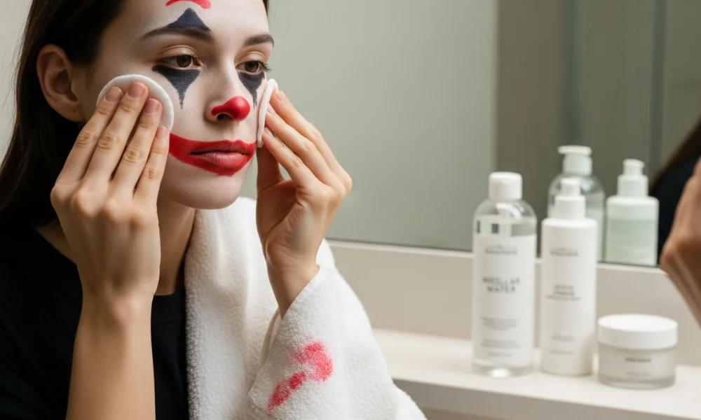 Woman removing clown makeup with cotton pad