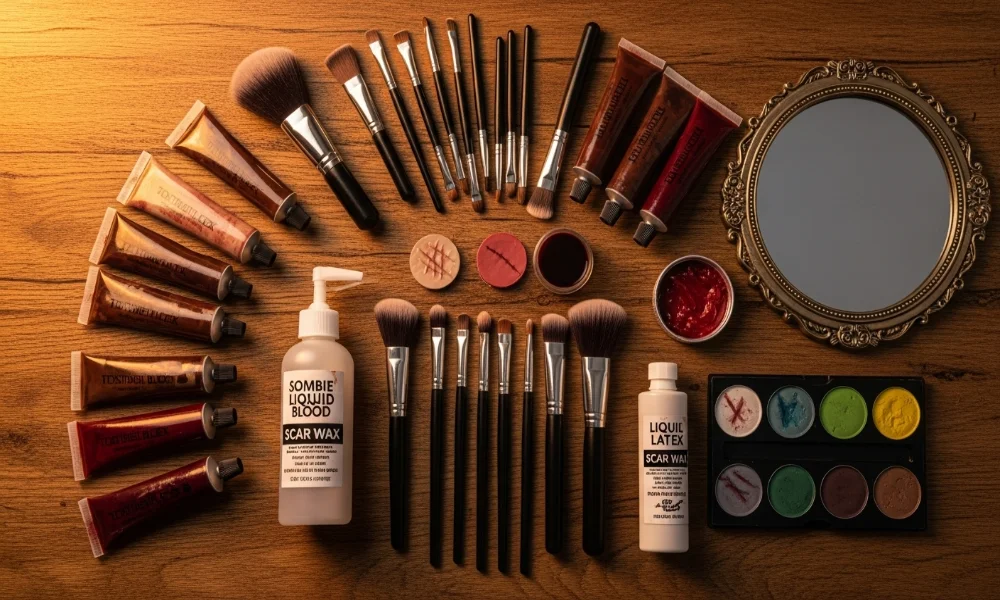 Assorted makeup products arranged on a wooden surface.
