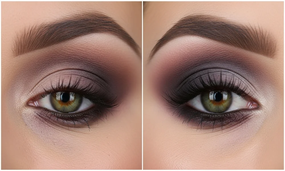 Before and after smokey eye makeup comparison.