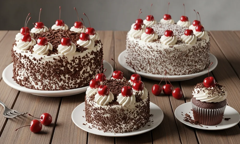 Black Forest cakes, cupcake, and cherries