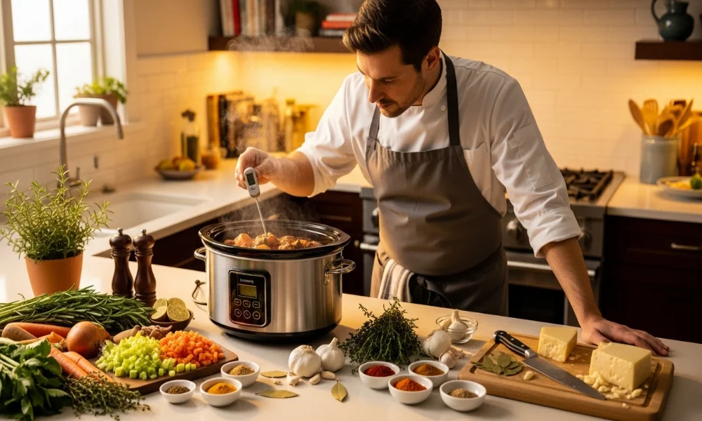 Chef checking slow cooker temperature with ingredients